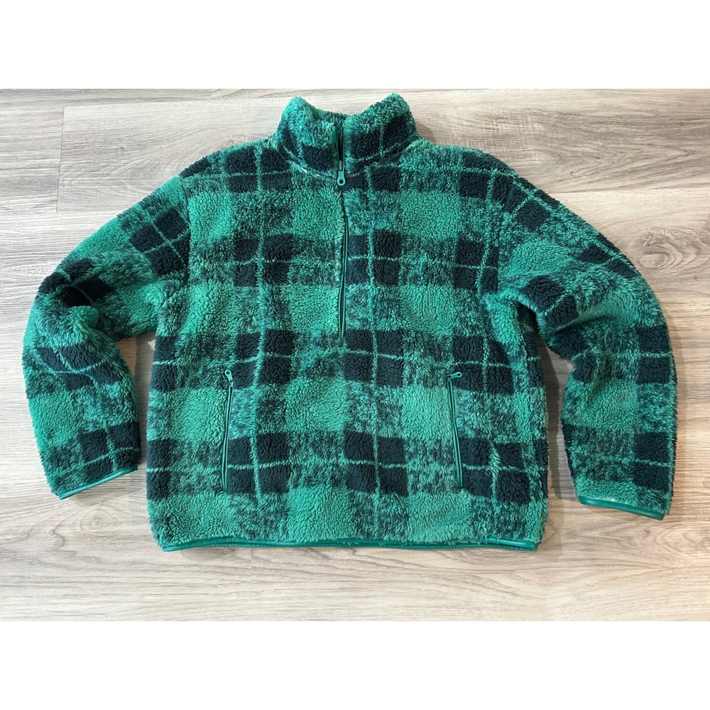 OFFLINE by Aerie Womens Plaid Sherpa Fleece Quarter Zip Pullover S Green Black